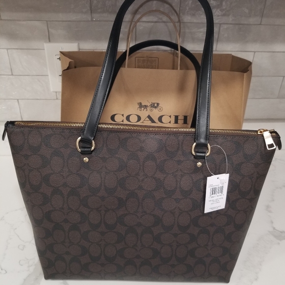 NWT! COACH BROWN/BLACK GALLERY TOTE AND CORNER ZIP WRISTLET WITH RED STRIPE - Picture 7 of 12